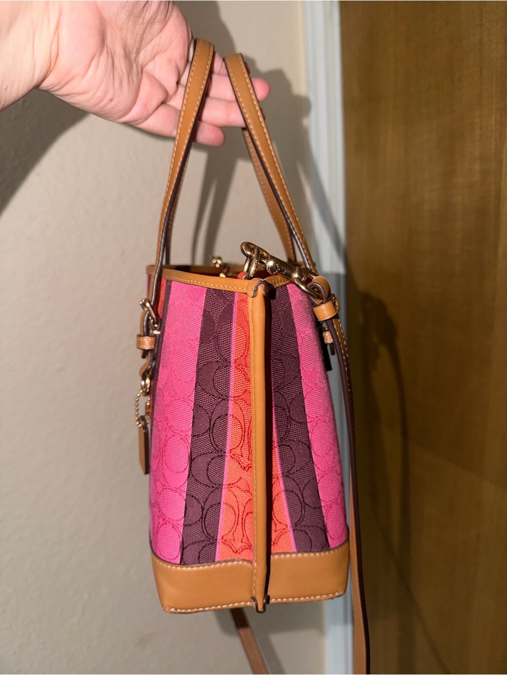 Coach Mollie 25 Pink and Orange Stripe Satchel with Tan Trim - Picture 4 of 16